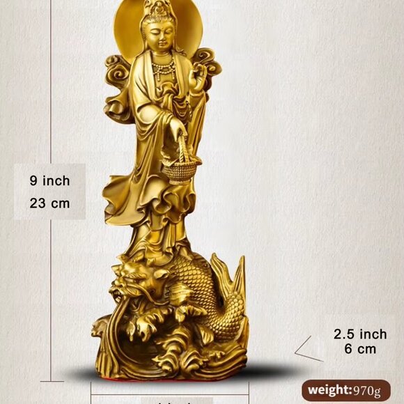 GUAN-YIN Riding a Dragon Fish BUDDHA STATUE Copper 9in Golden Metal Boddhisattva - Picture 2 of 10